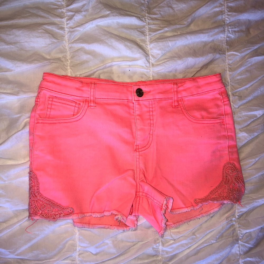 neon coral jean shorts